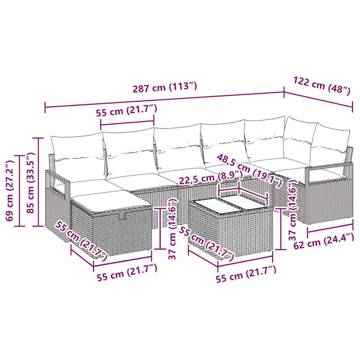 Sofa Sæt 8 stk. 7-Antal sæder Sort og Cream polyrattan