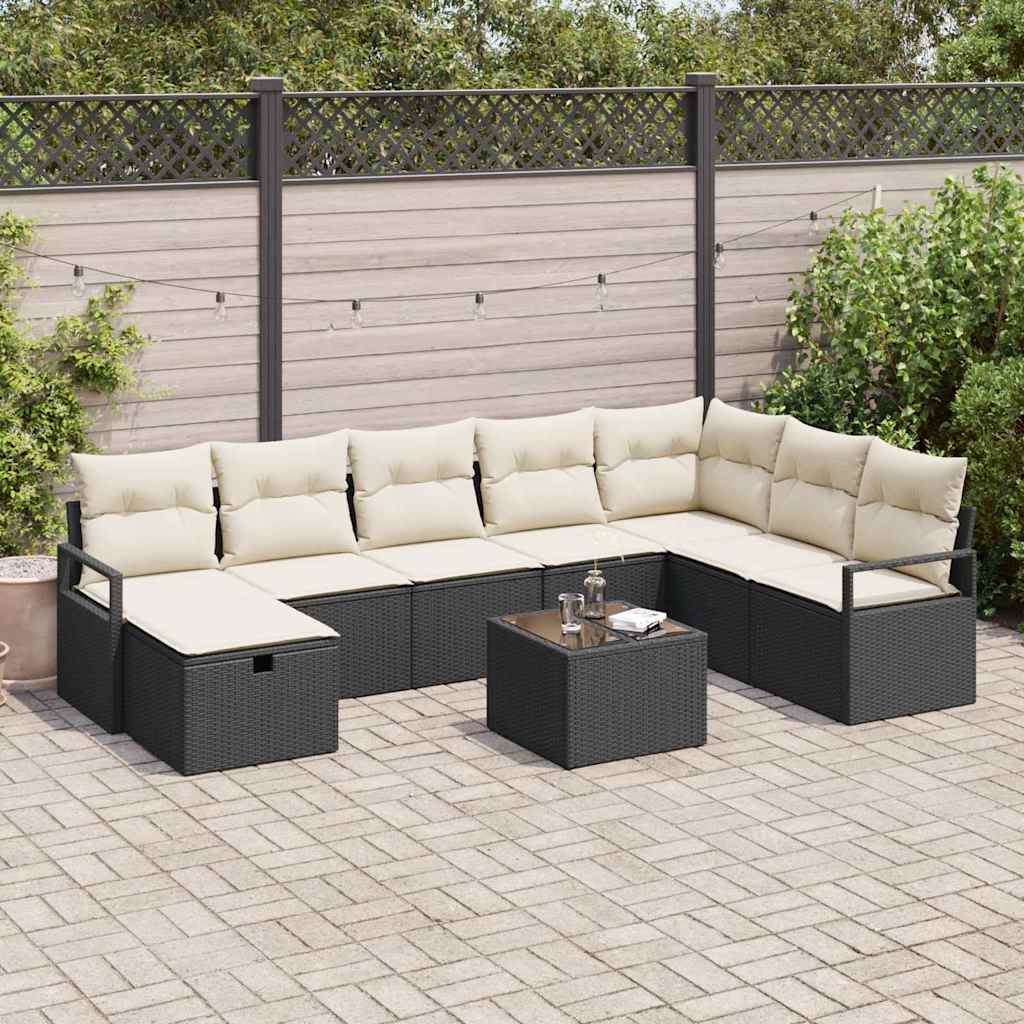 Sofa Sæt med pude med opbevaring 9 pcs Sort og Cream polyrattan