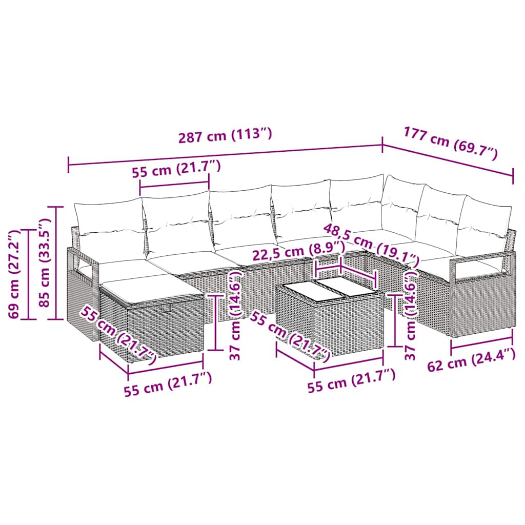 Sofa Sæt 9 stk. 8-Antal sæder Lysegrå polyrattan