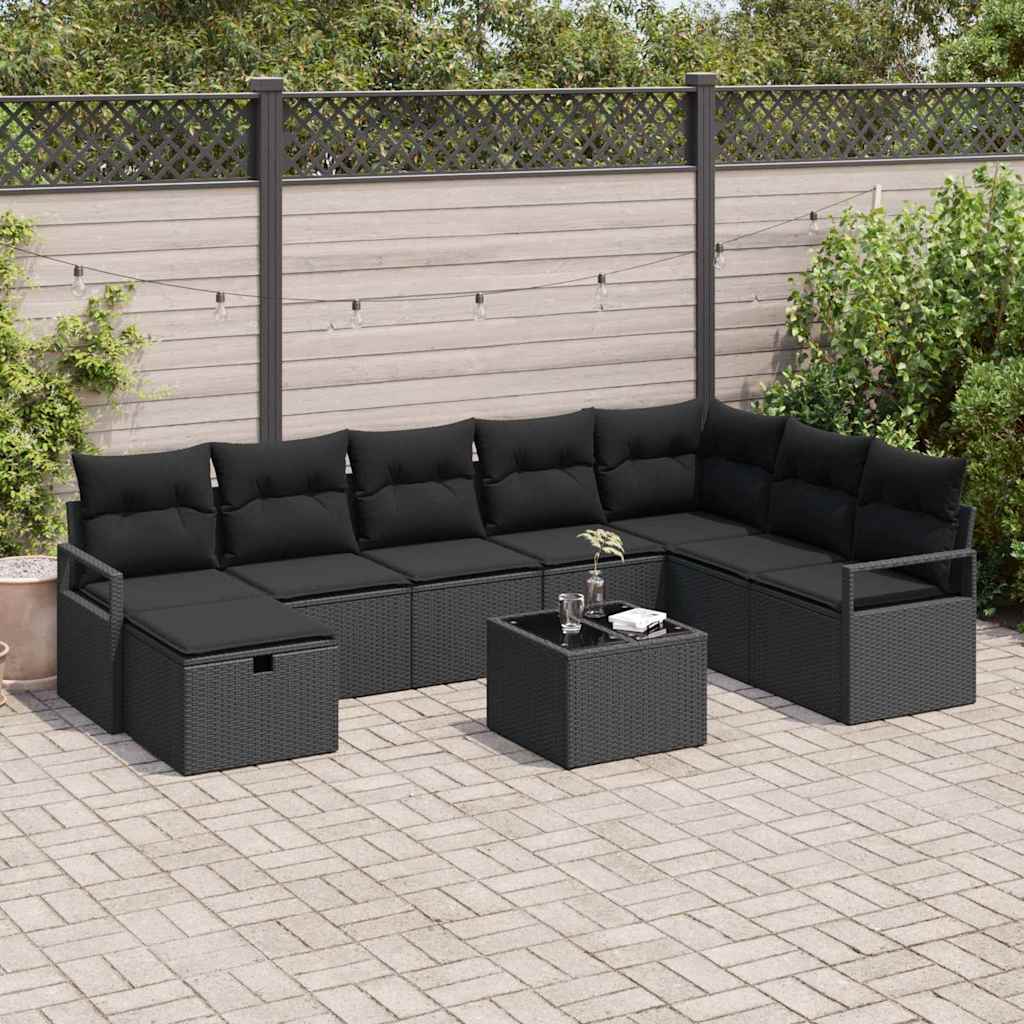 Sofa Sæt 9 stk. 8-Antal sæder Sort polyrattan