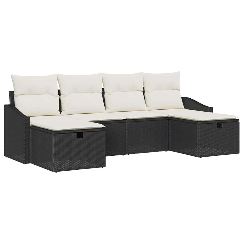 Havesofa Sæt med pude 6 pcs Sort Poly rattan