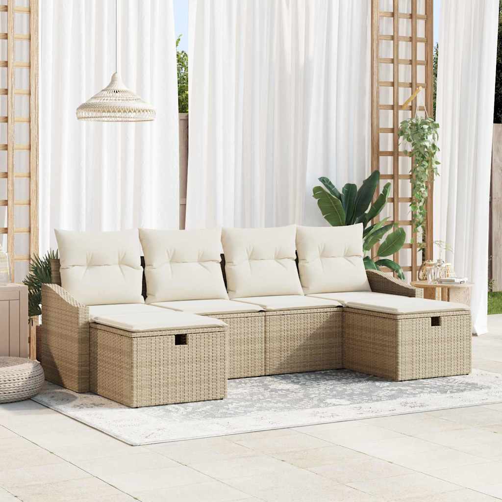 Havesofa Sæt med pude 6 pcs Beige Poly rattan