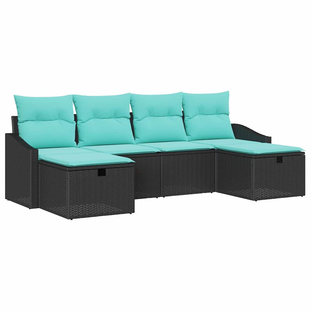 Havesofa Sæt med pude 6 pcs Sort Poly rattan
