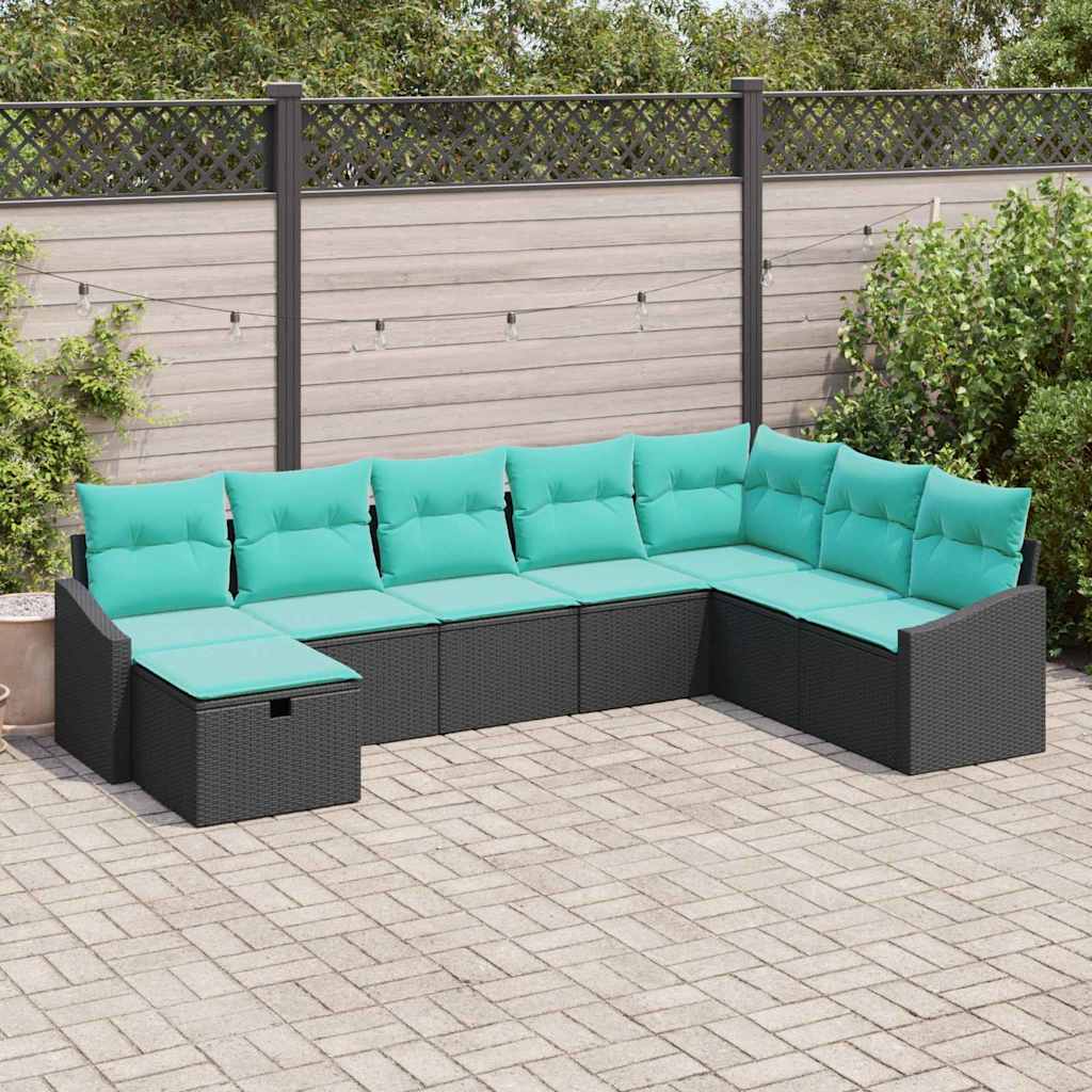 Havesofa Sæt med pude 8 pcs Sort Poly rattan