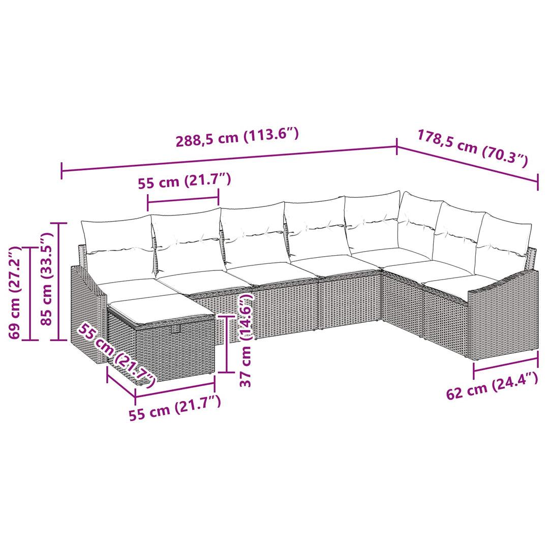 Havesofa Sæt med pude 8 pcs Sort Poly rattan