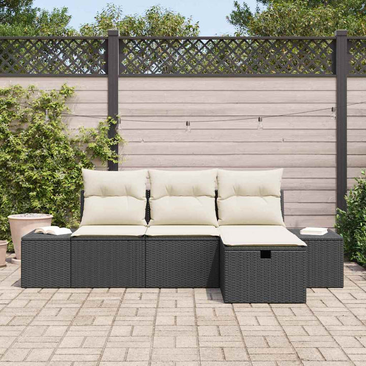 Havesofa Sæt med pude 4 pcs Sort Poly rattan