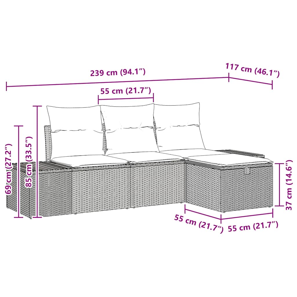 Havesofa Sæt med pude 4 pcs Sort Poly rattan