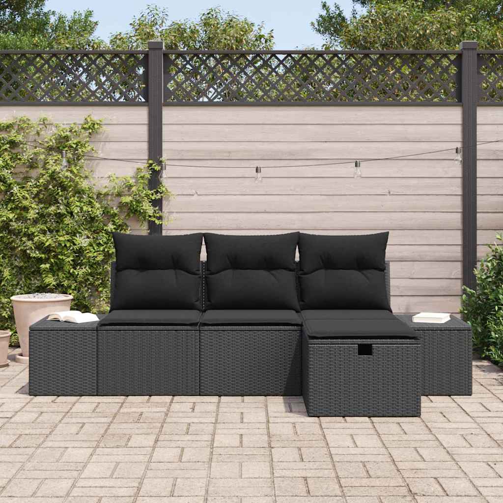 Havesofa Sæt med pude 4 pcs Sort Poly rattan