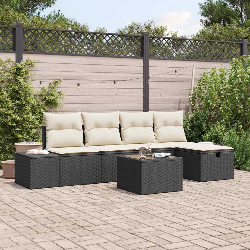Havesofa Sæt med pude 6 pcs Sort polyrattan