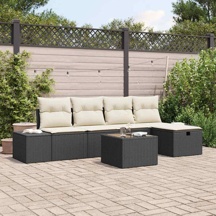 Havesofa Sæt med pude 6 pcs Sort polyrattan