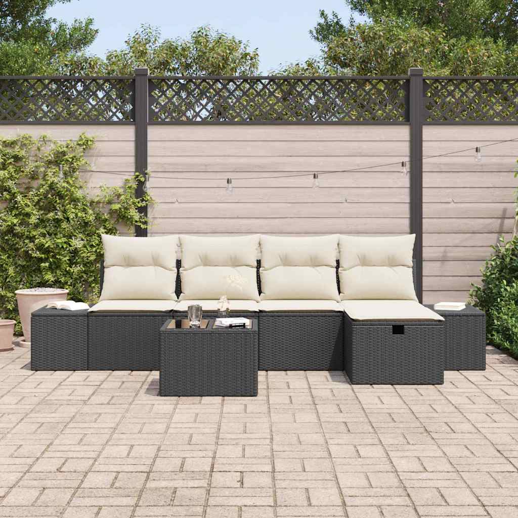 Havesofa Sæt med pude 6 pcs Sort polyrattan
