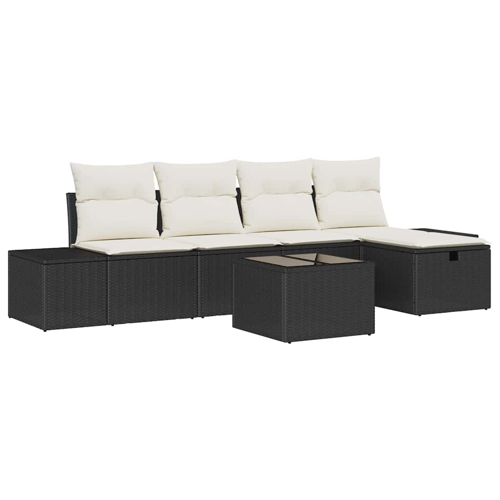 Havesofa Sæt med pude 6 pcs Sort polyrattan