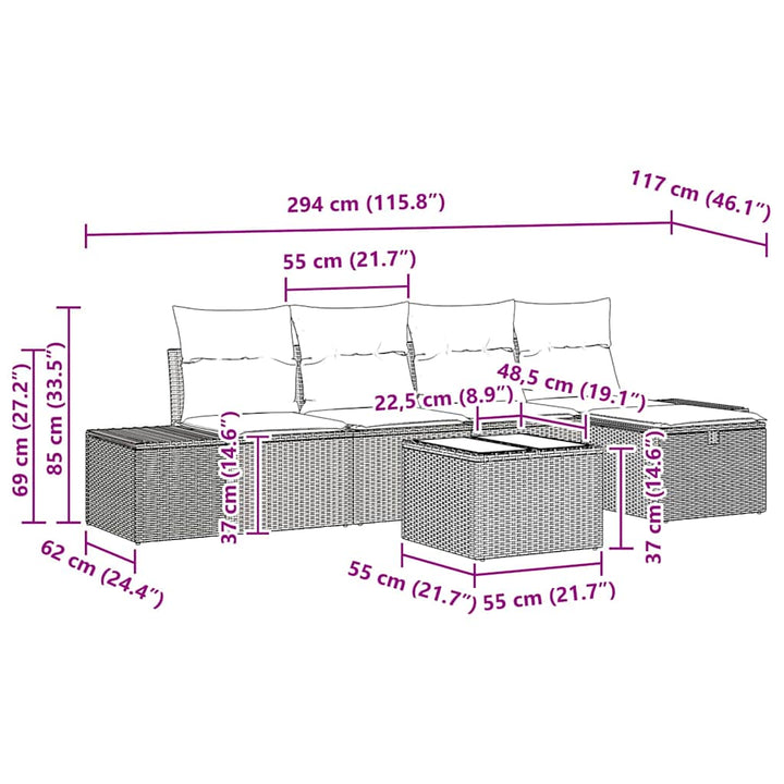 Havesofa Sæt med pude 6 pcs Sort polyrattan