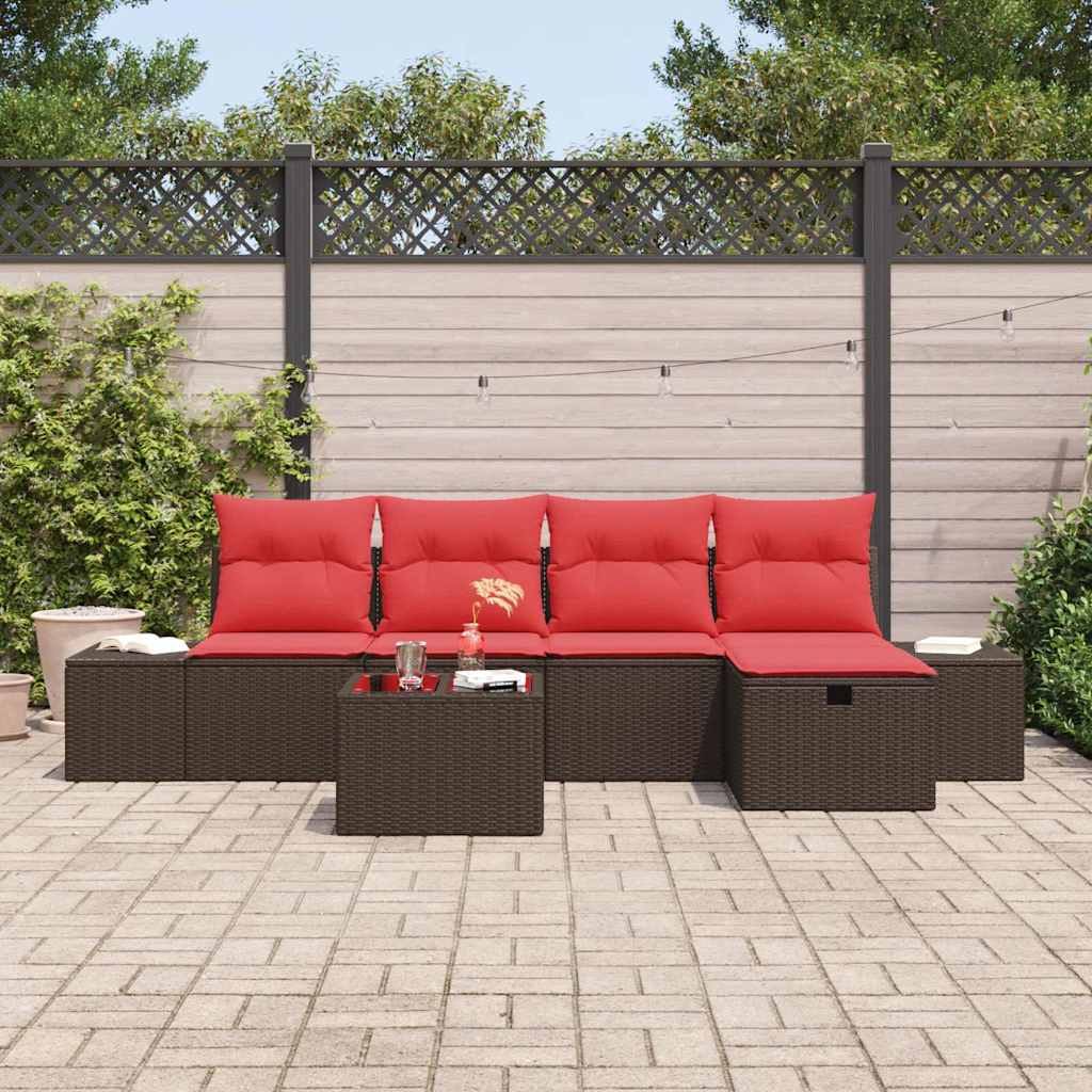 Havesofa Sæt med pude 6 pcs Brun polyrattan