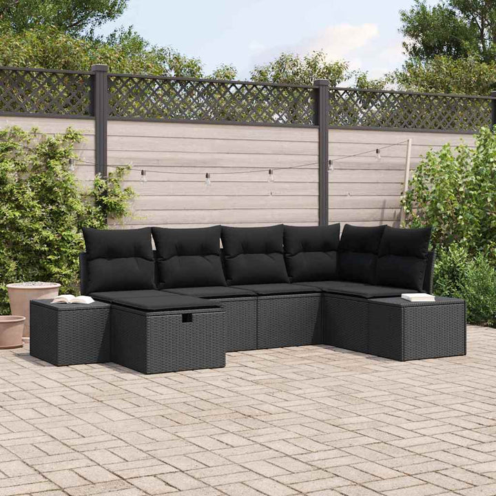 Havesofa Sæt med pude 6 pcs Sort polyrattan