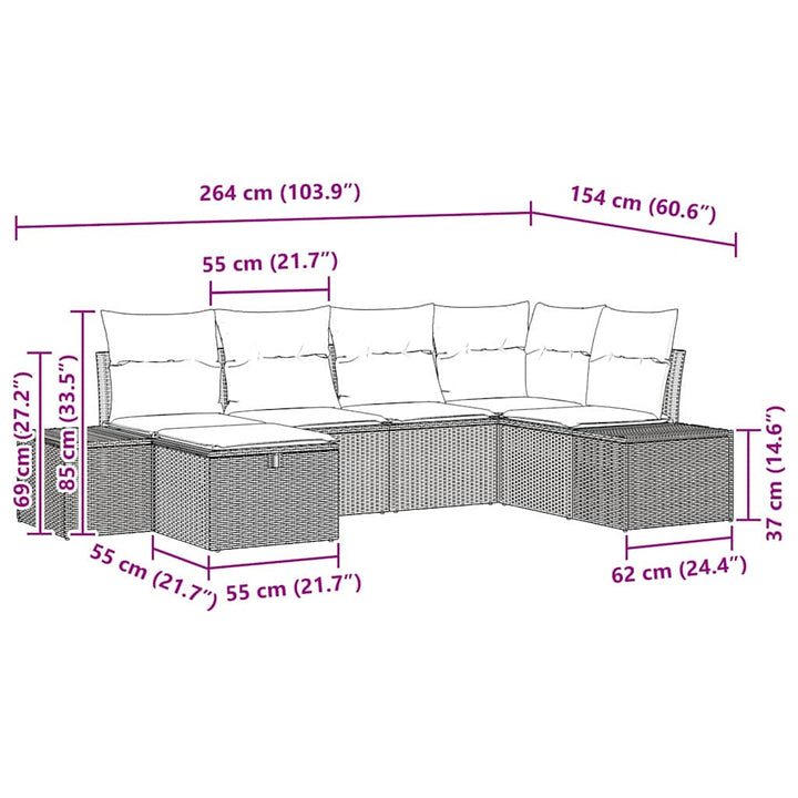 Havesofa Sæt med pude 6 pcs Sort polyrattan