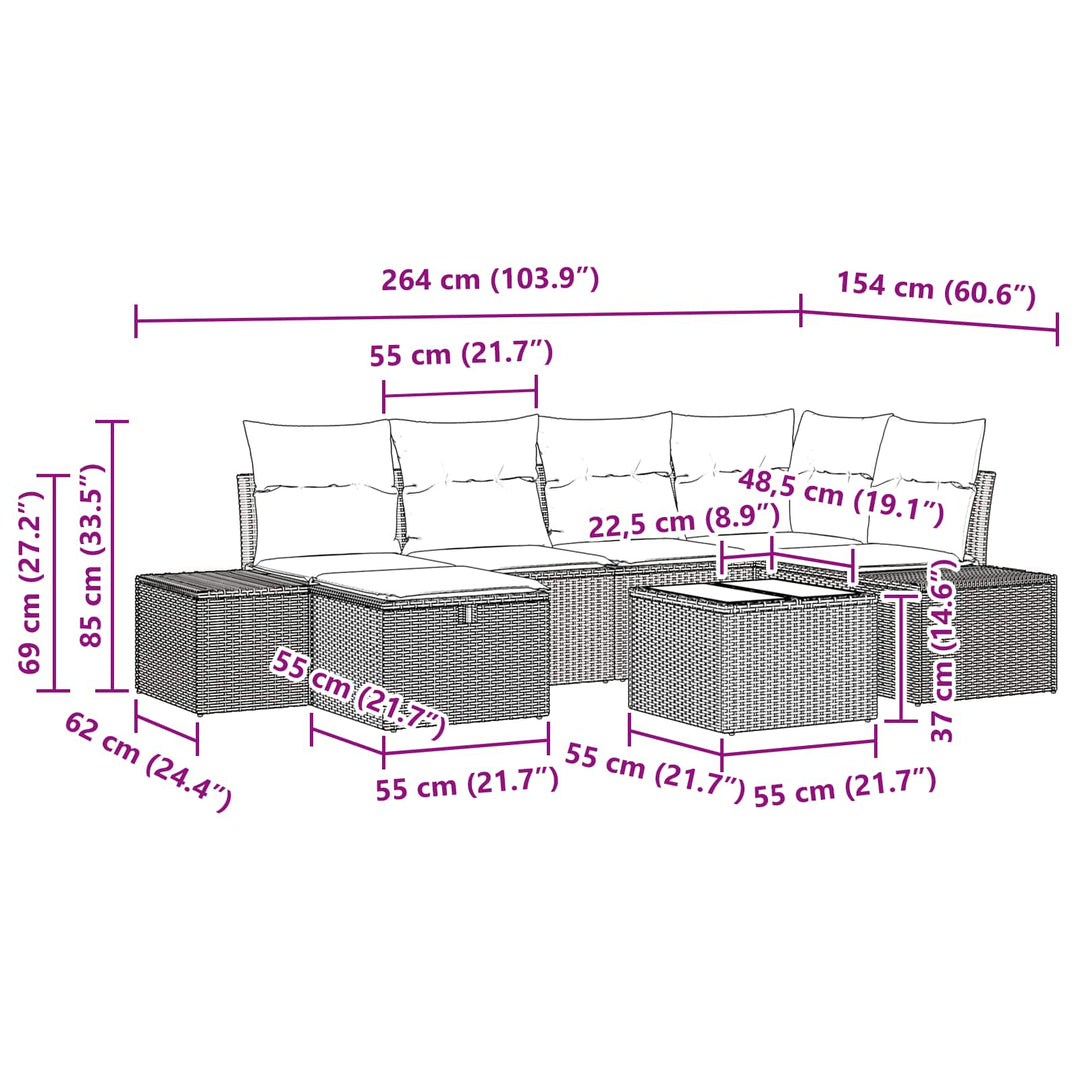Havesofa Sæt med pude 7 pcs Brun polyrattan