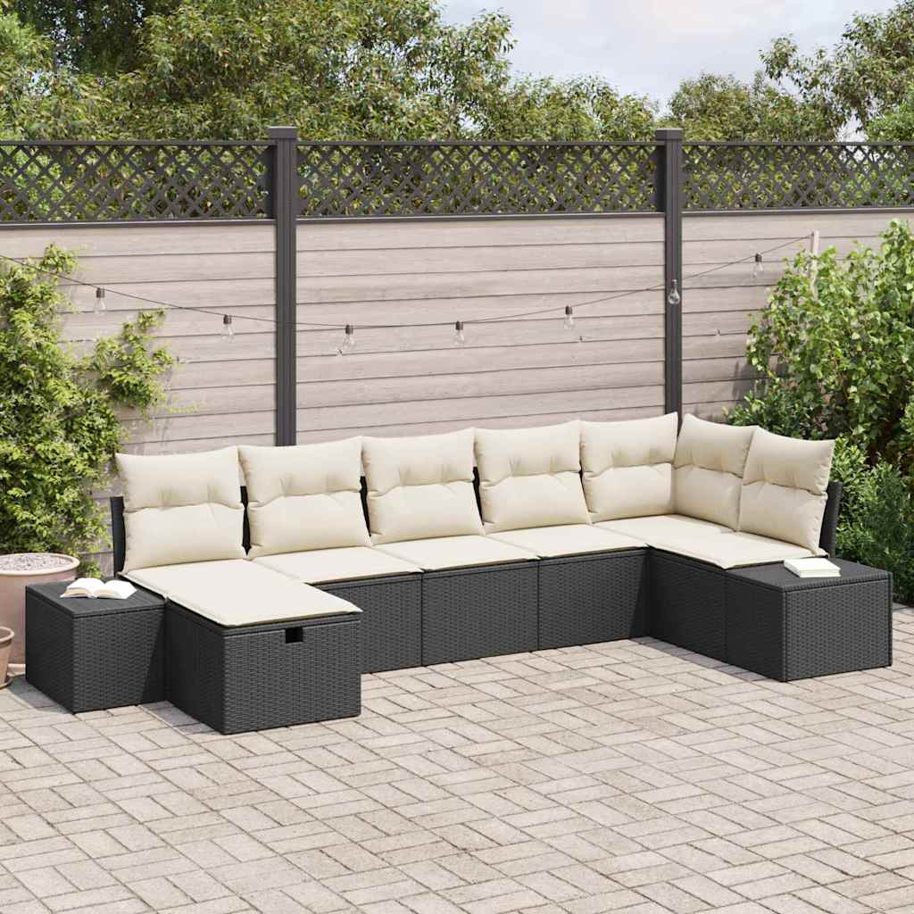 Havesofa Sæt med pude 7 pcs Sort polyrattan