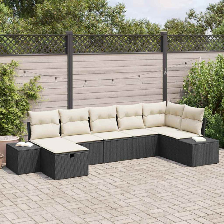 Havesofa Sæt med pude 7 pcs Sort polyrattan