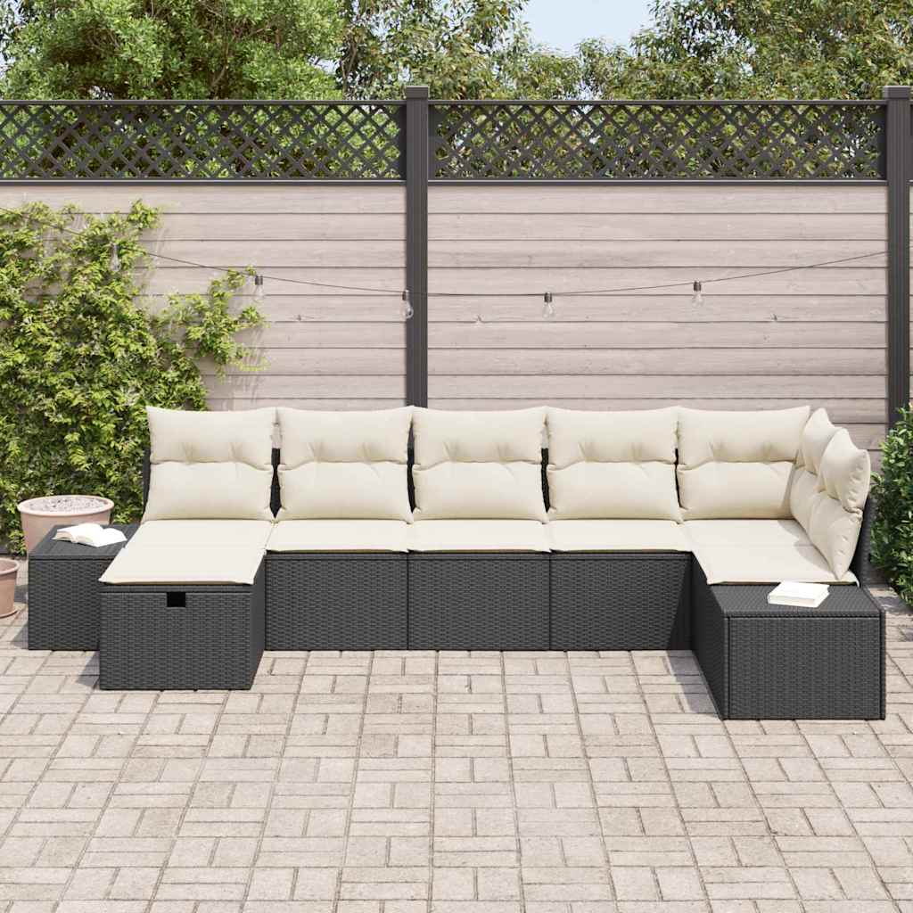 Havesofa Sæt med pude 7 pcs Sort polyrattan