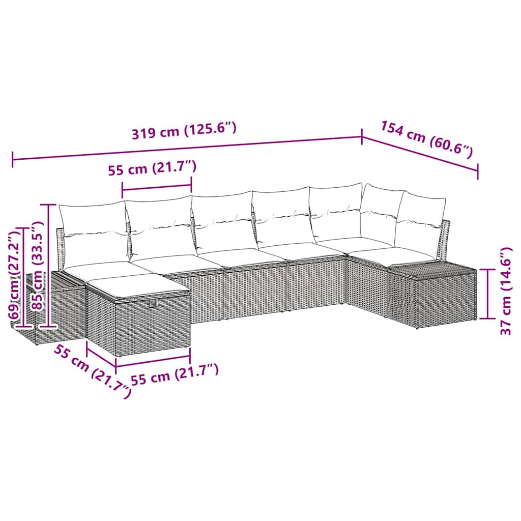 Havesofa Sæt med pude 7 pcs Sort polyrattan