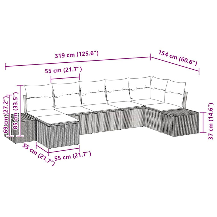 Havesofa Sæt med pude 7 pcs Sort polyrattan