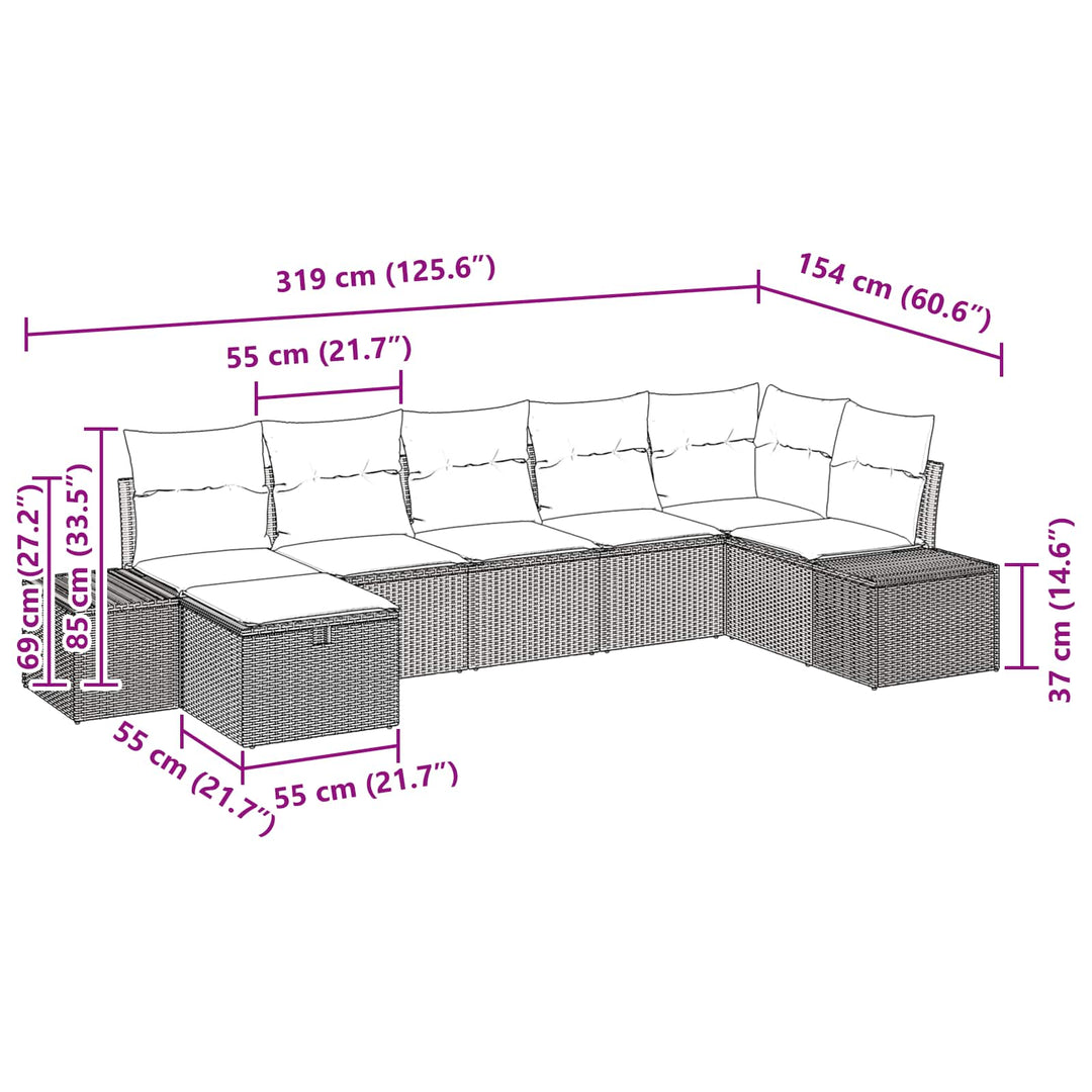 Havesofa Sæt med pude 7 pcs Brun polyrattan