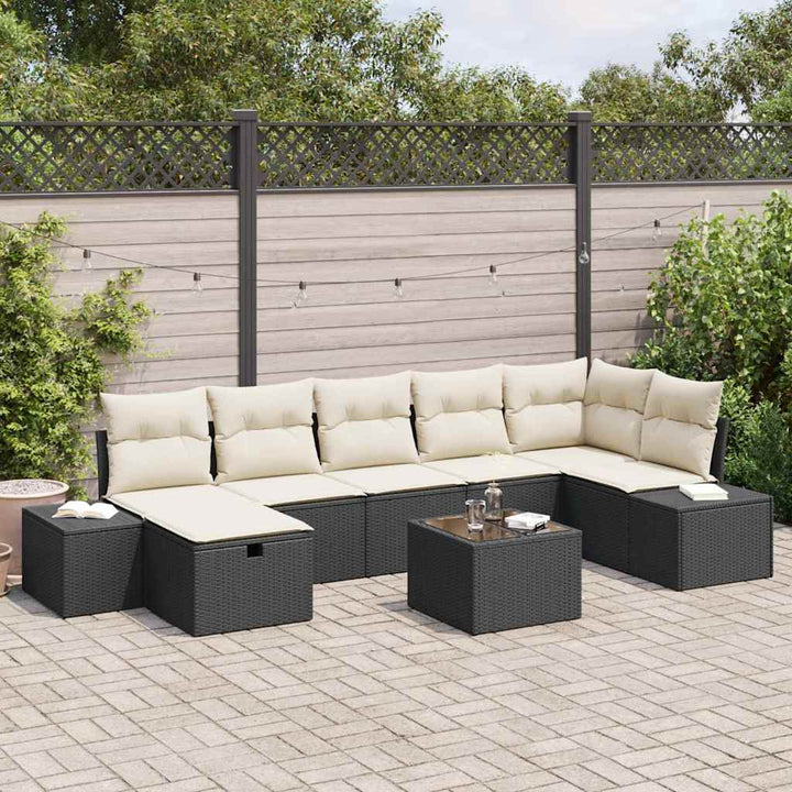 Havesofa Sæt med pude 8 pcs Sort polyrattan
