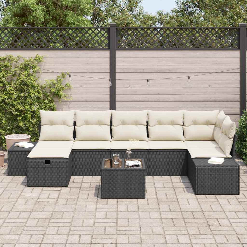 Havesofa Sæt med pude 8 pcs Sort polyrattan