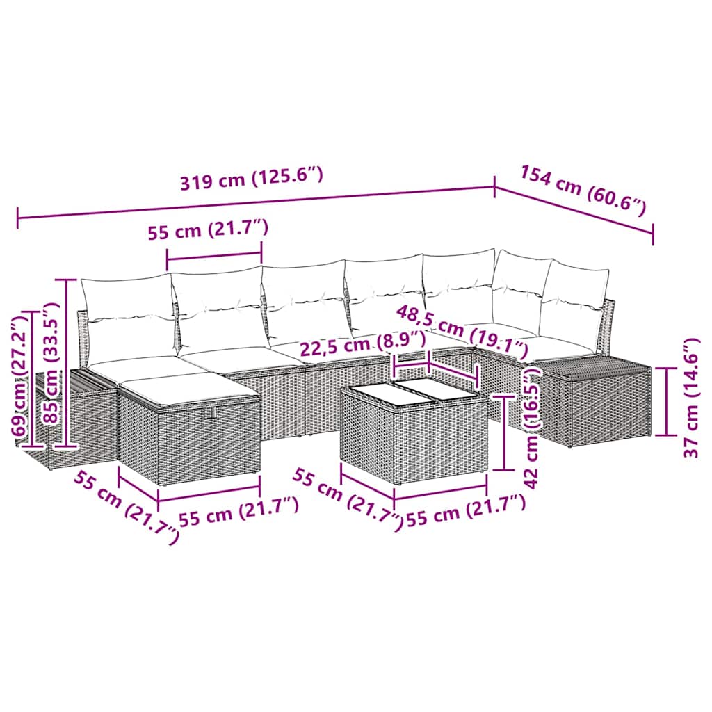 Havesofa Sæt med pude 8 pcs Sort polyrattan