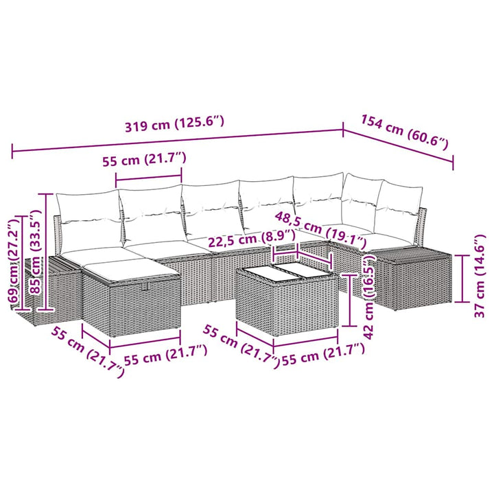 Havesofa Sæt med pude 8 pcs Sort polyrattan