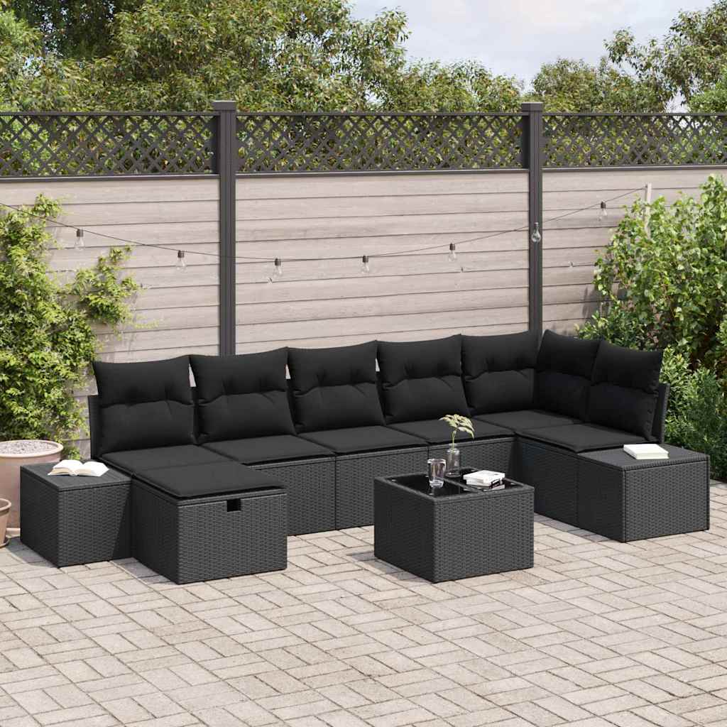 Havesofa Sæt med pude 8 pcs Sort polyrattan