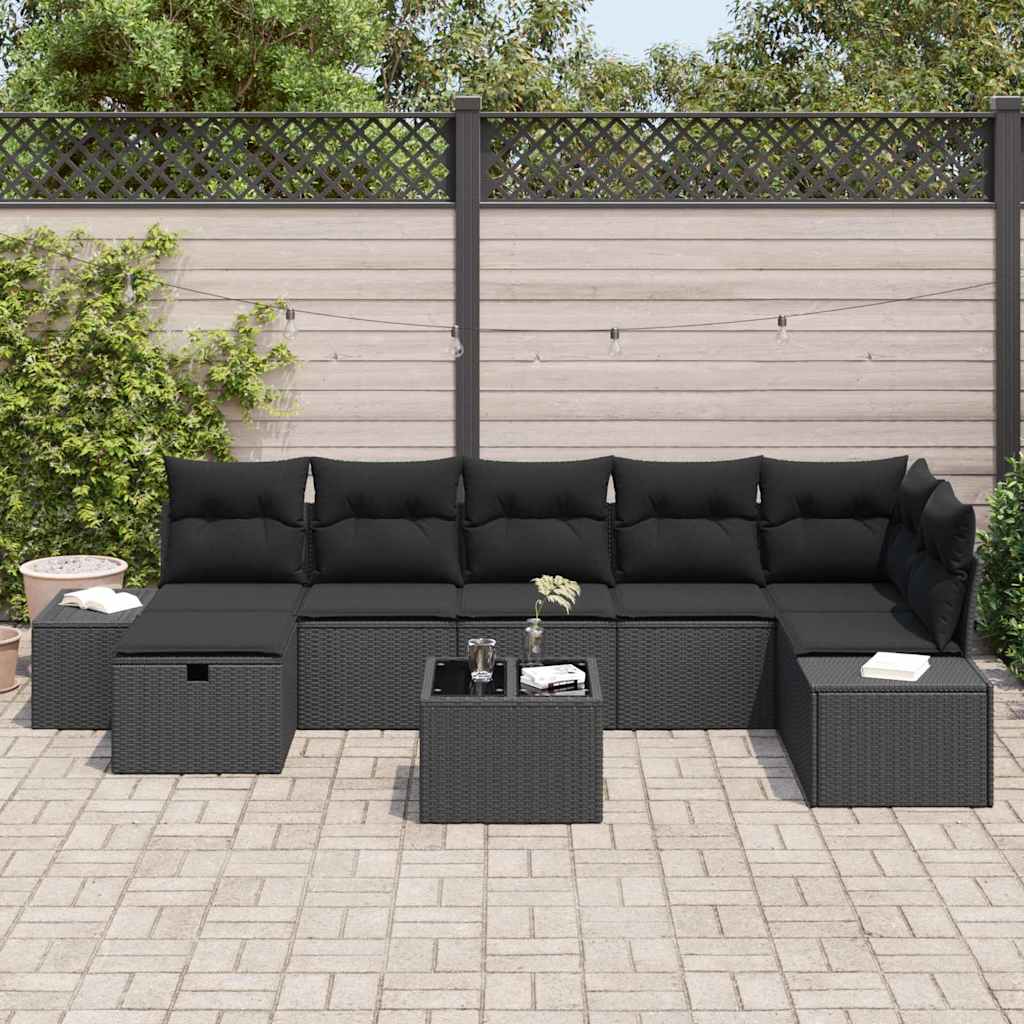 Havesofa Sæt med pude 8 pcs Sort polyrattan