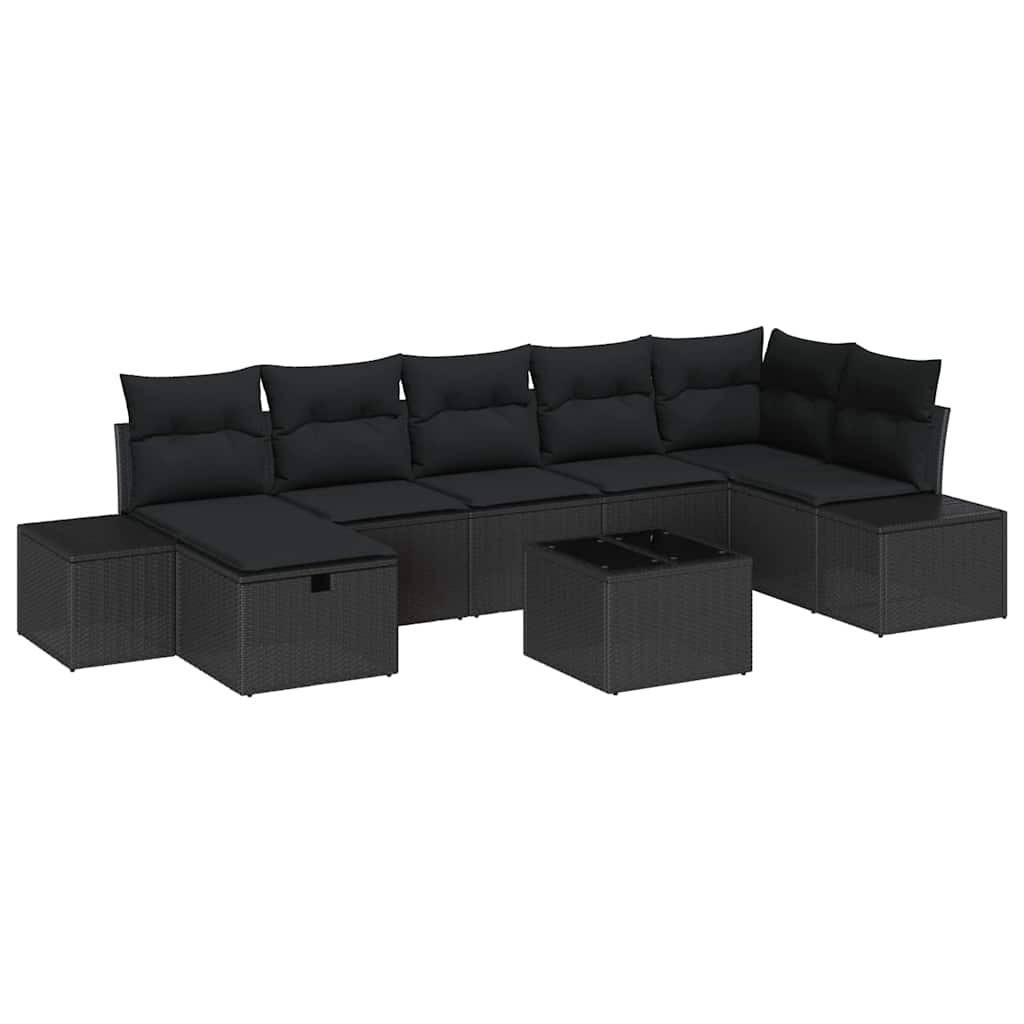 Havesofa Sæt med pude 8 pcs Sort polyrattan