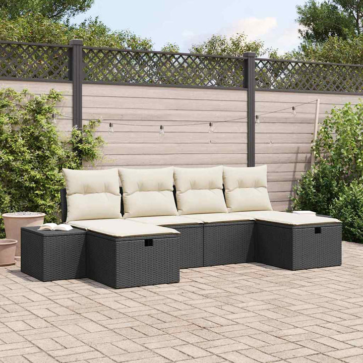 Havesofa Sæt med pude 6 pcs Sort polyrattan