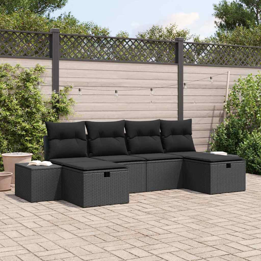 Havesofa Sæt med pude 6 pcs Sort polyrattan