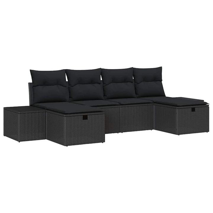 Havesofa Sæt med pude 6 pcs Sort polyrattan