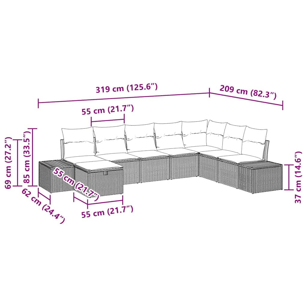 Havesofa Sæt 8 stk. Lysegrå polyrattan