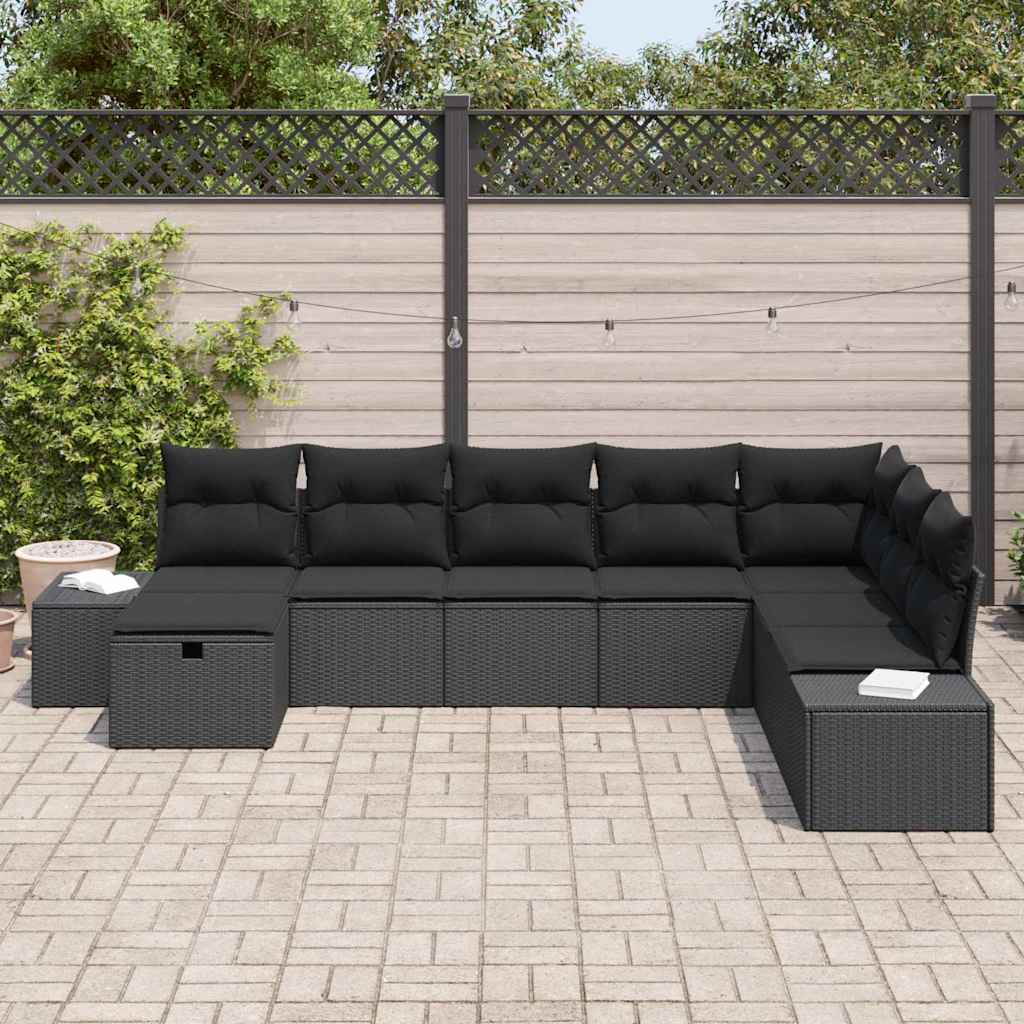 Havesofa Sæt med pude 8 pcs Sort polyrattan