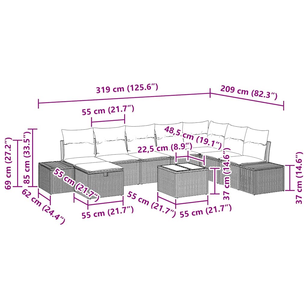 Havesofa Sæt 9 stk. Lysegrå polyrattan