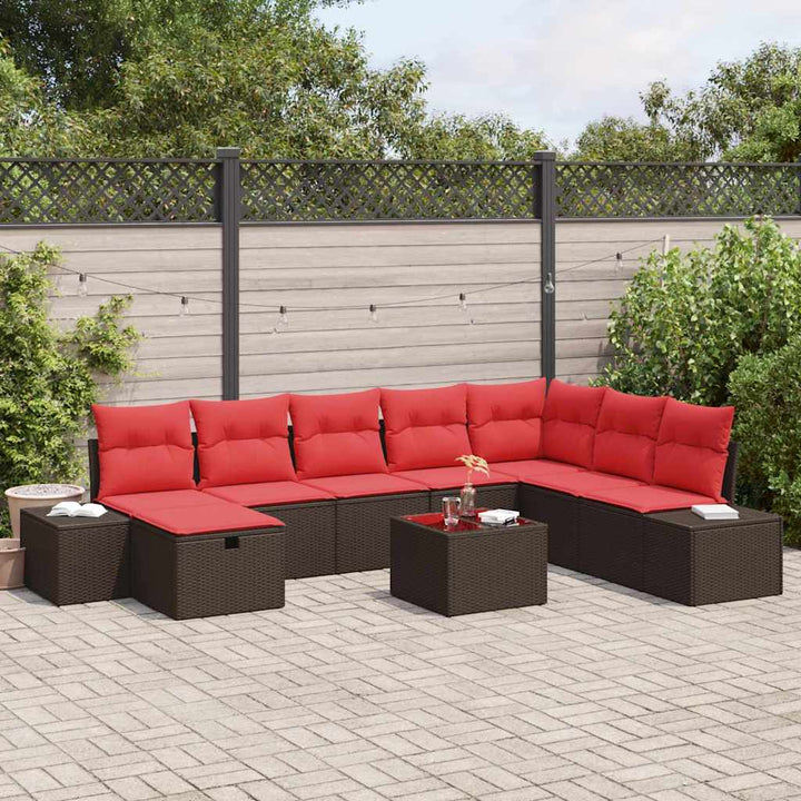 Havesofa Sæt med pude 9 pcs Brun polyrattan