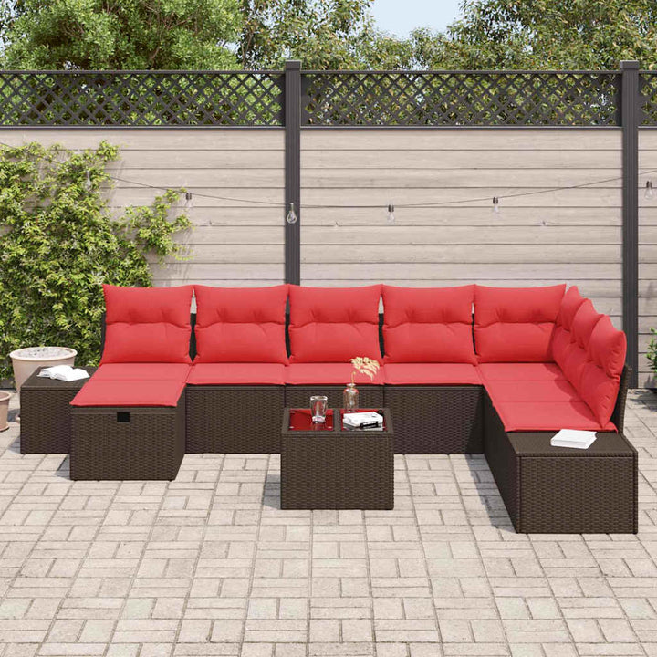 Havesofa Sæt med pude 9 pcs Brun polyrattan