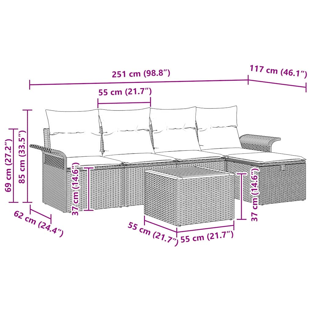 Havesofa Sæt med pude med opbevaring 6 pcs Sort polyrattan