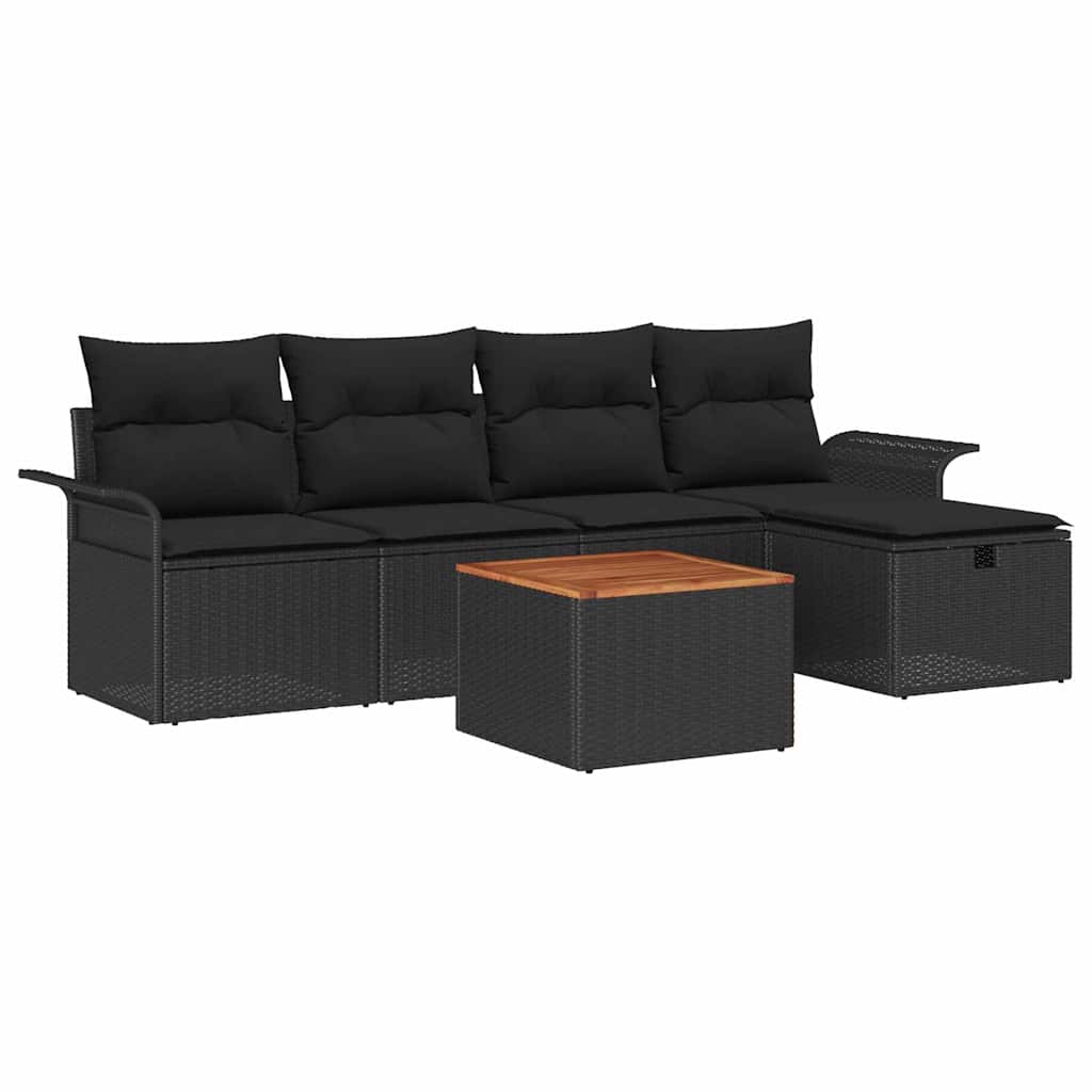 Havesofa Sæt med pude med opbevaring 6 pcs Sort polyrattan