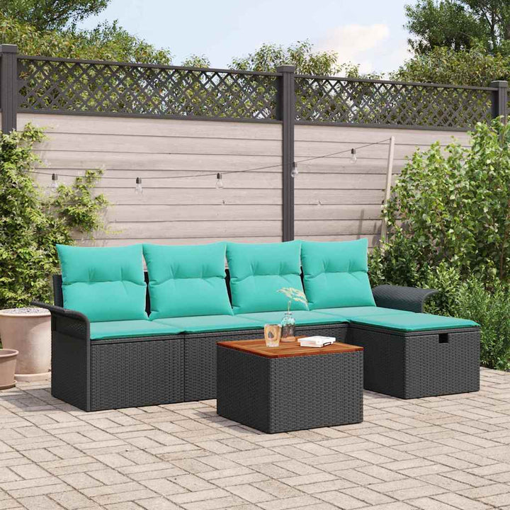 Havesofa Sæt med pude med opbevaring 6 pcs Sort polyrattan
