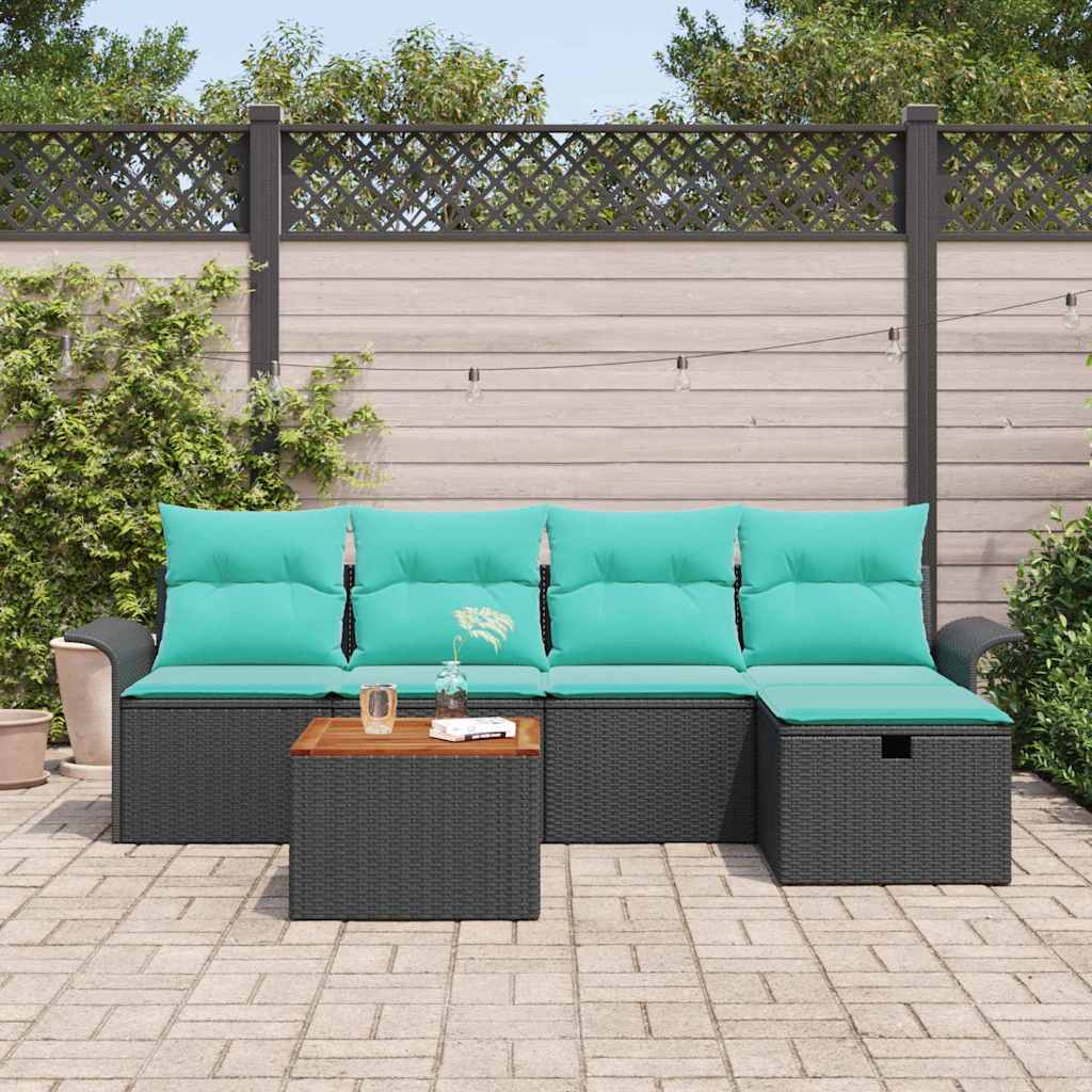 Havesofa Sæt med pude med opbevaring 6 pcs Sort polyrattan