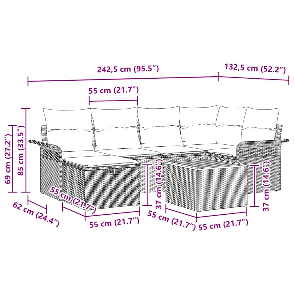 Havesofa Sæt 7 stk. Sort polyrattan