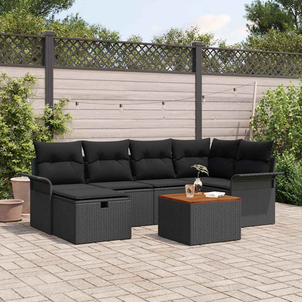 Havesofa Sæt med pude med opbevaring 7 pcs Sort polyrattan