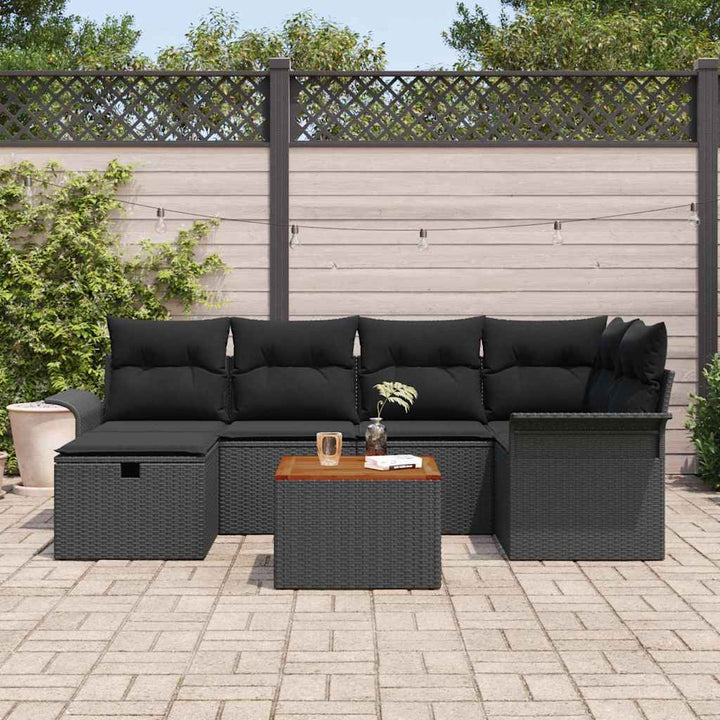 Havesofa Sæt med pude med opbevaring 7 pcs Sort polyrattan