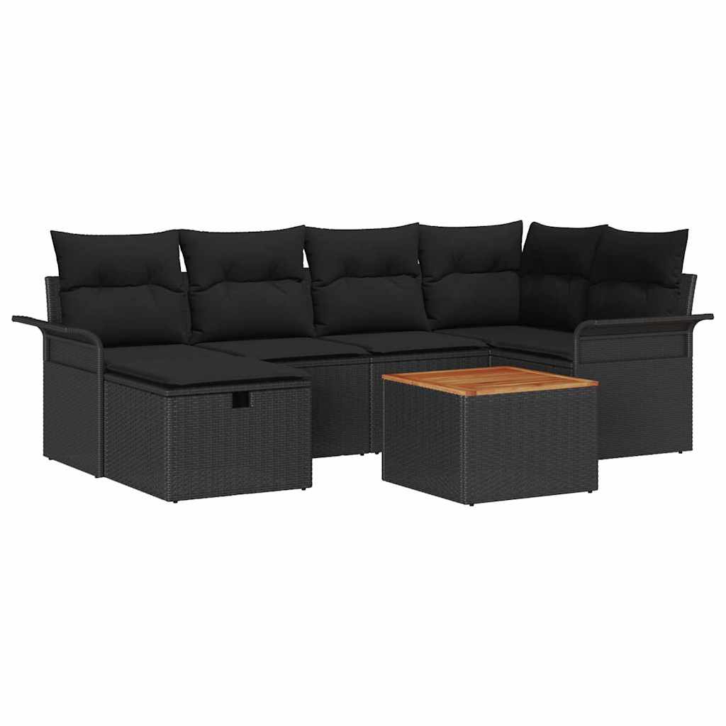 Havesofa Sæt med pude med opbevaring 7 pcs Sort polyrattan